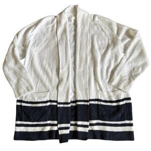 Barefoot Dreams Sweater CozyChic Lite Open Front Cardigan White Navy Medium